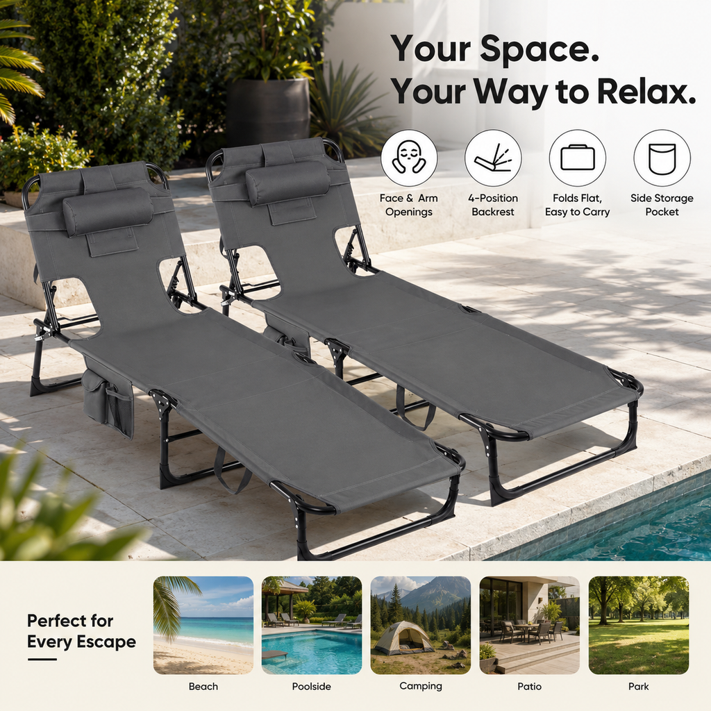 Portable Outdoor Tanning Lounge Chair with Face Opening, Adjustable Backrest & Carry Strap (Grey)
