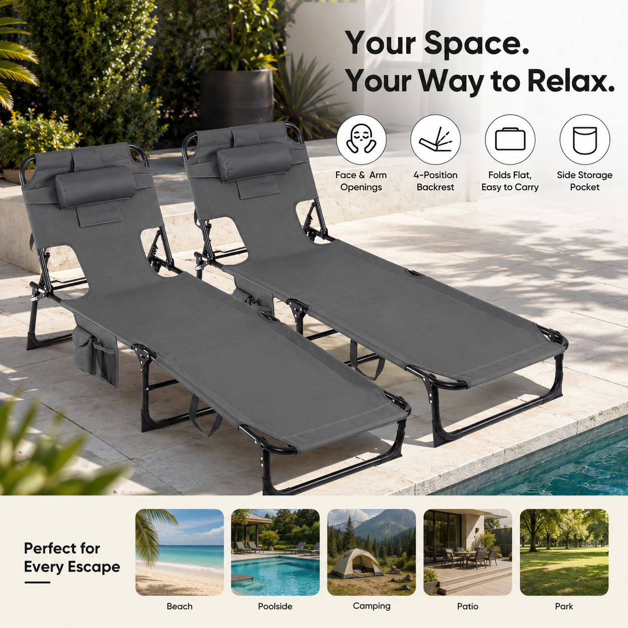 Portable Outdoor Tanning Lounge Chair with Face Opening, Adjustable Backrest & Carry Strap (Grey)