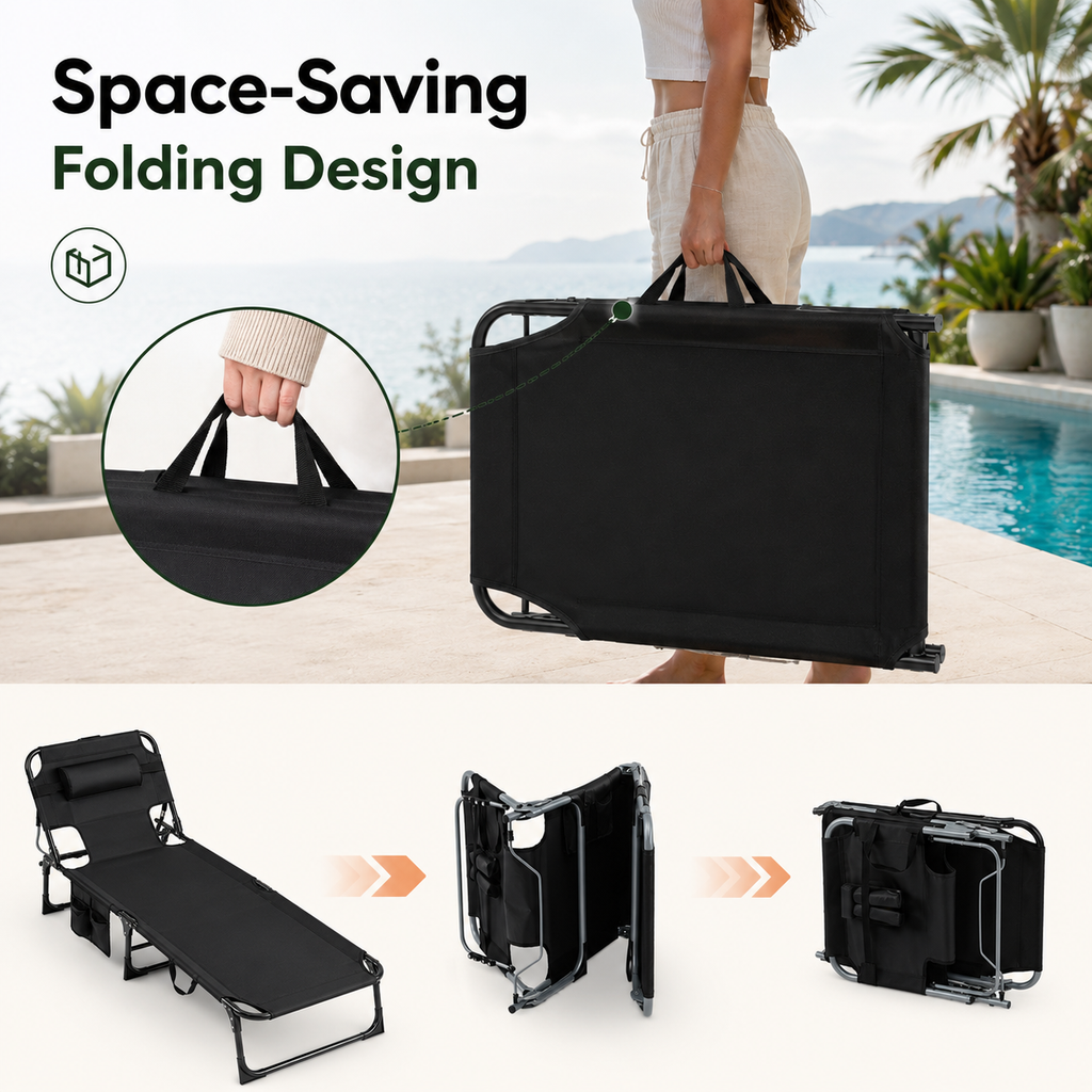 Portable Outdoor Tanning Lounge Chair with Face Opening, Adjustable Backrest & Carry Strap (Black)