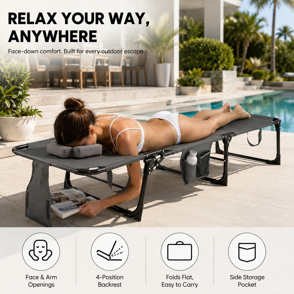 Portable Outdoor Tanning Lounge Chair with Face Opening, Adjustable Backrest & Carry Strap (Grey)