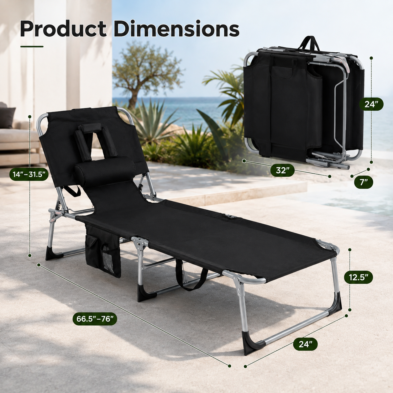 Portable Outdoor Tanning Lounge Chair with Face Opening, Adjustable Backrest & Carry Strap (Black)