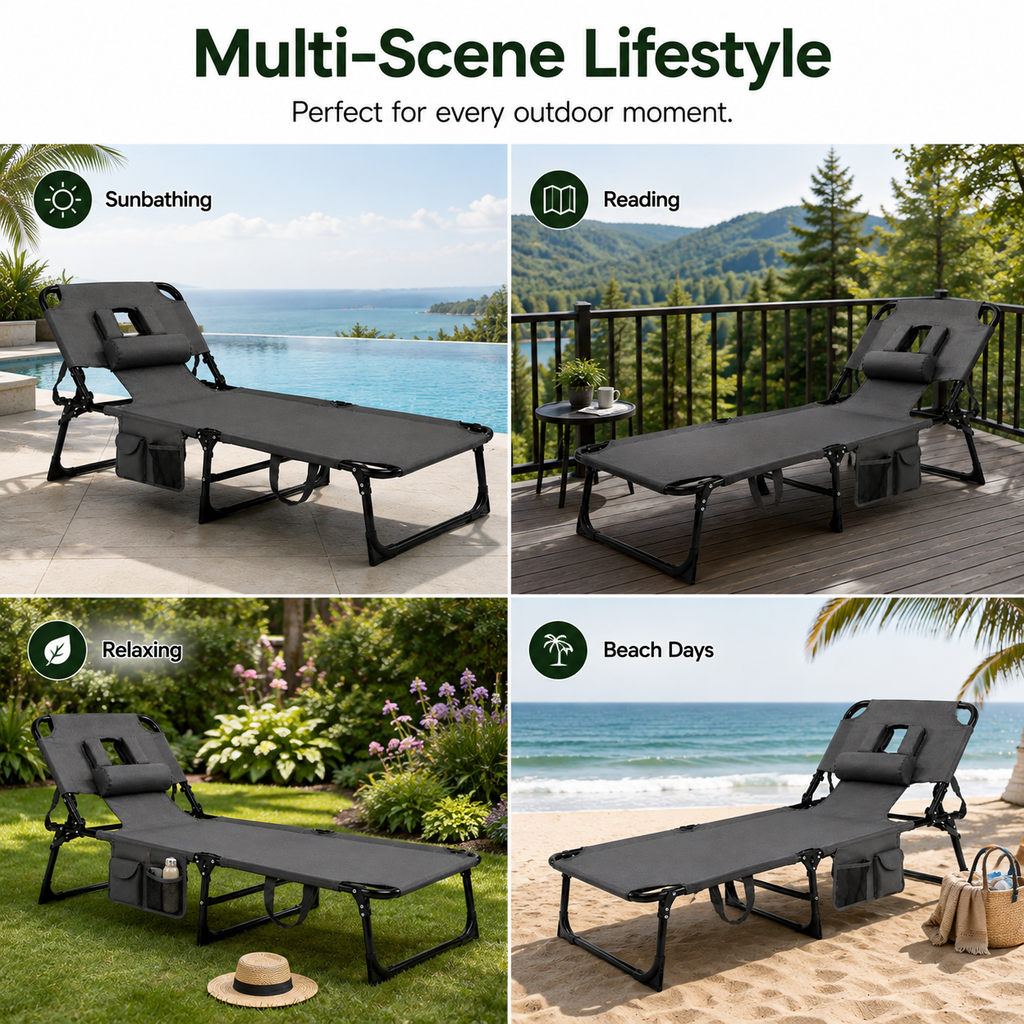 Portable Outdoor Tanning Lounge Chair with Face Opening, Adjustable Backrest & Carry Strap (Grey)