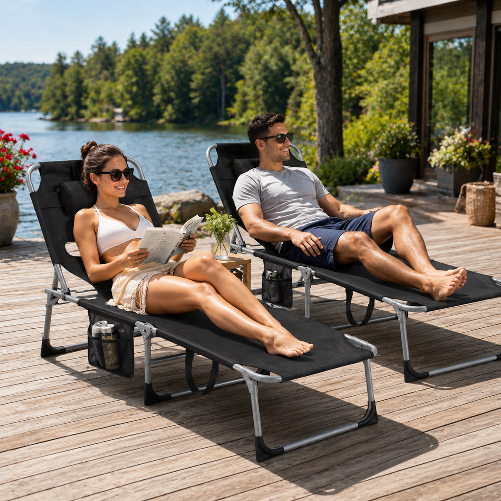 Portable Outdoor Tanning Lounge Chair with Face Opening, Adjustable Backrest & Carry Strap (Black)