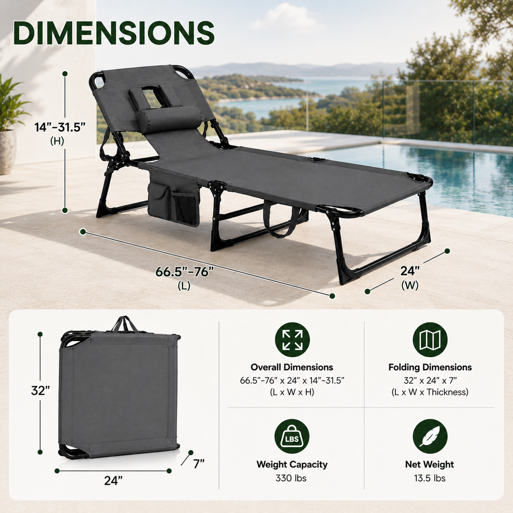 Portable Outdoor Tanning Lounge Chair with Face Opening, Adjustable Backrest & Carry Strap (Grey)