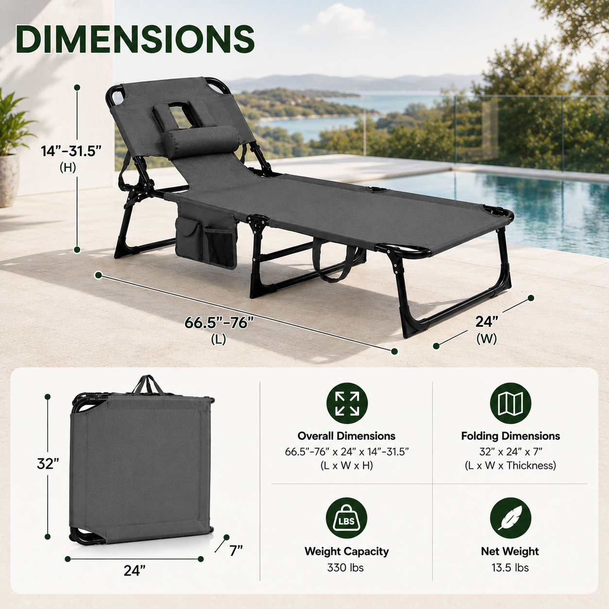 Portable Outdoor Tanning Lounge Chair with Face Opening, Adjustable Backrest & Carry Strap (Grey)