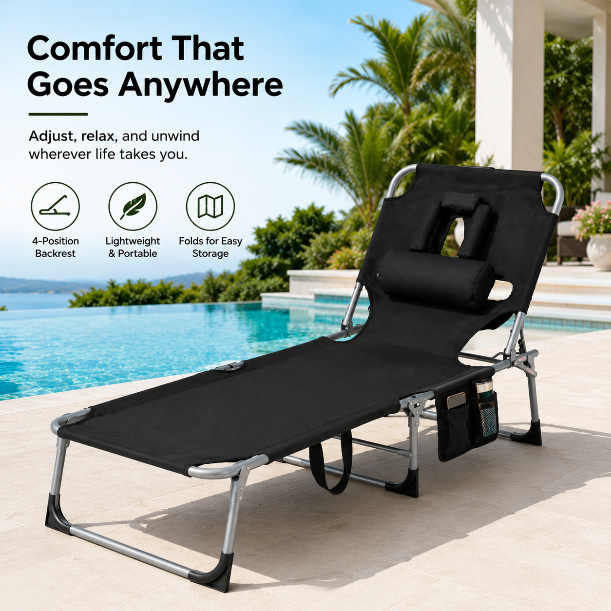 Portable Outdoor Tanning Lounge Chair with Face Opening, Adjustable Backrest & Carry Strap (Black)