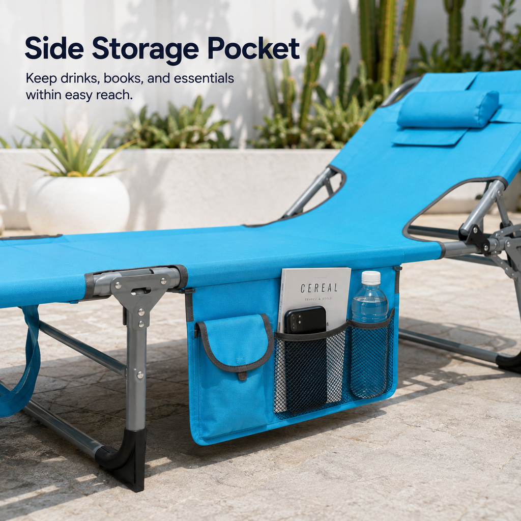 Portable Outdoor Tanning Lounge Chair with Face Opening, Adjustable Backrest & Carry Strap