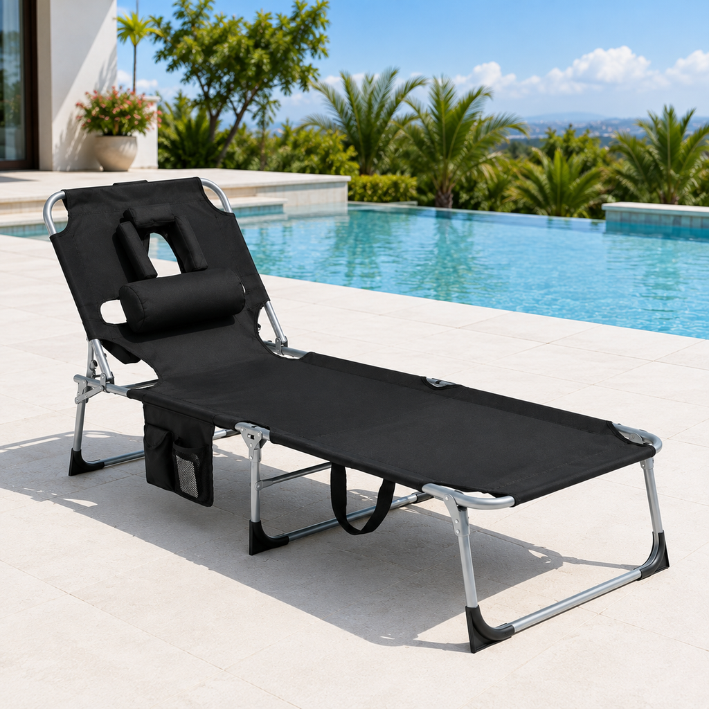 Portable Outdoor Tanning Lounge Chair with Face Opening, Adjustable Backrest & Carry Strap (Black)