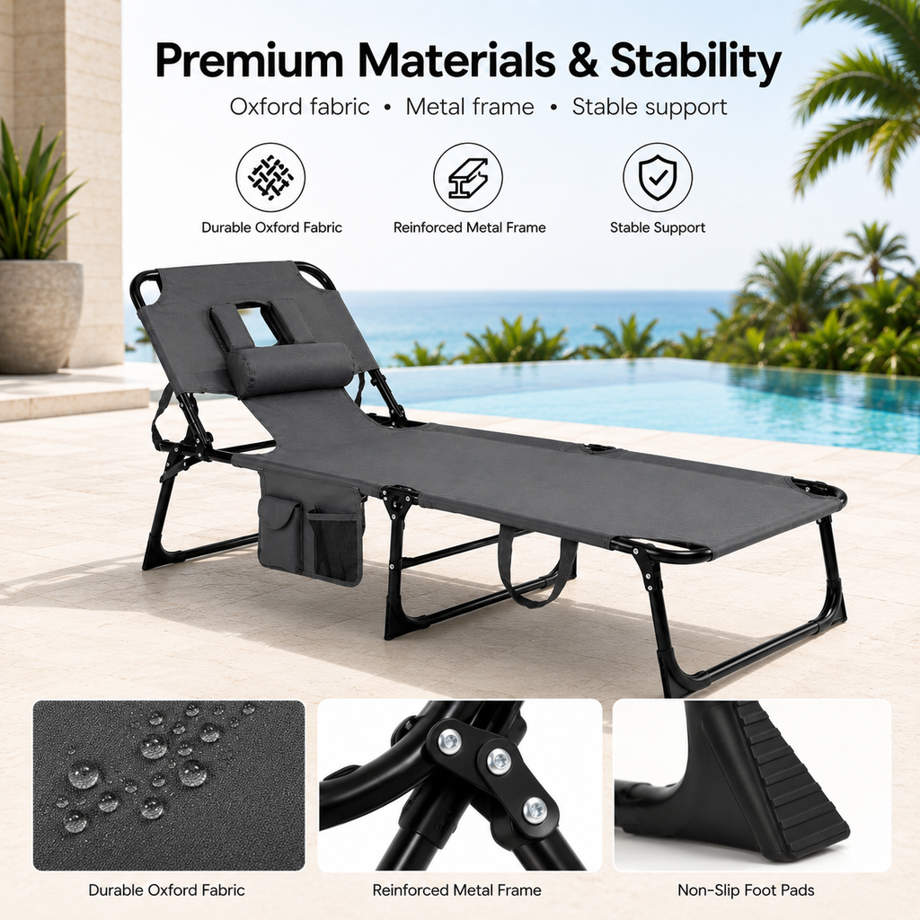 Portable Outdoor Tanning Lounge Chair with Face Opening, Adjustable Backrest & Carry Strap (Grey)