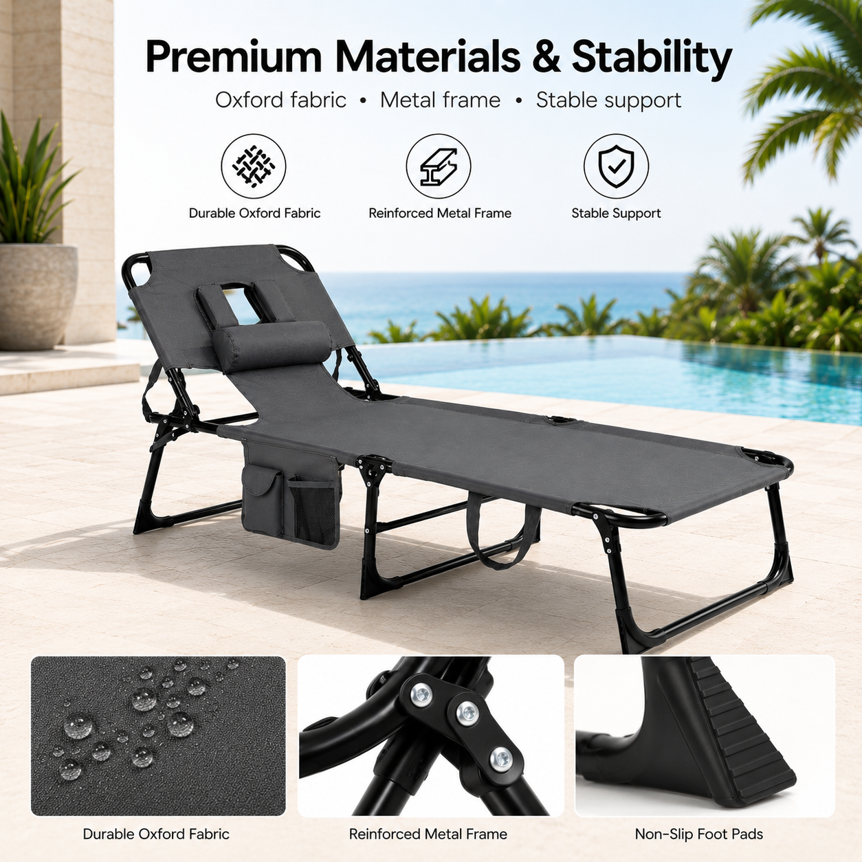 Portable Outdoor Tanning Lounge Chair with Face Opening, Adjustable Backrest & Carry Strap (Grey)