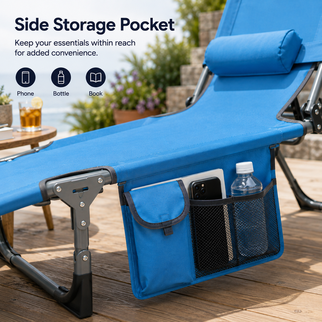 Portable Outdoor Tanning Lounge Chair with Face Opening, Adjustable Backrest & Carry Strap
