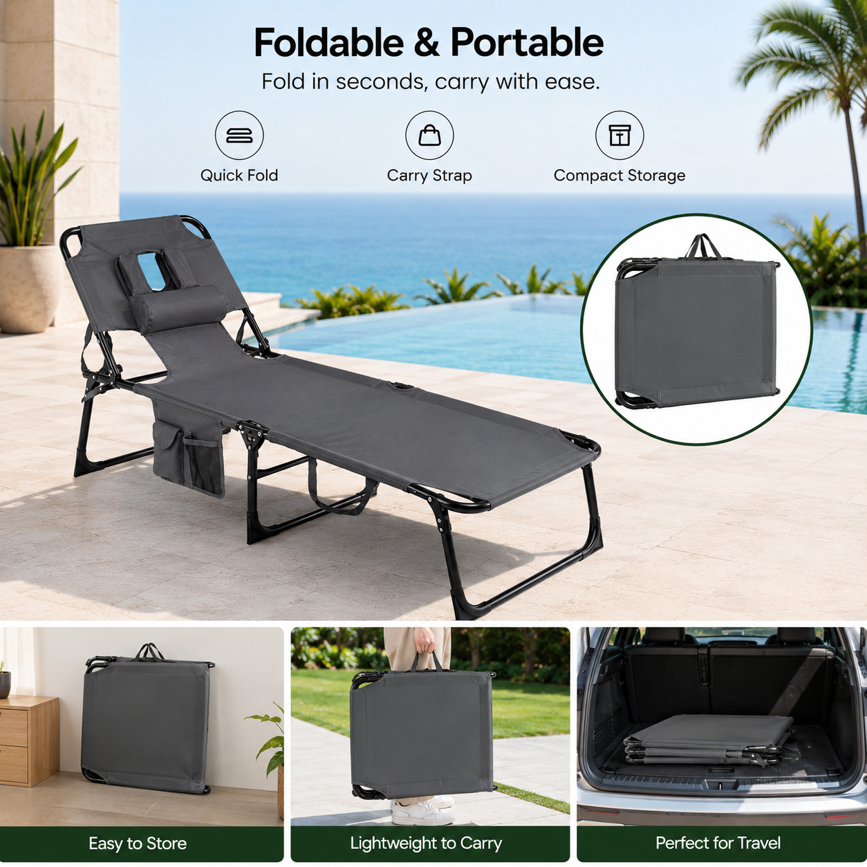 Portable Outdoor Tanning Lounge Chair with Face Opening, Adjustable Backrest & Carry Strap (Grey)