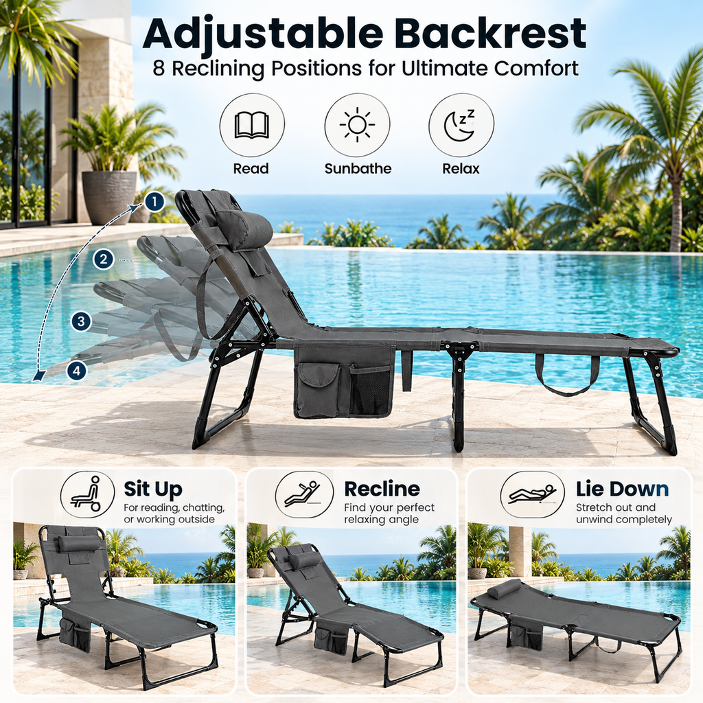 Portable Outdoor Tanning Lounge Chair with Face Opening, Adjustable Backrest & Carry Strap (Grey)