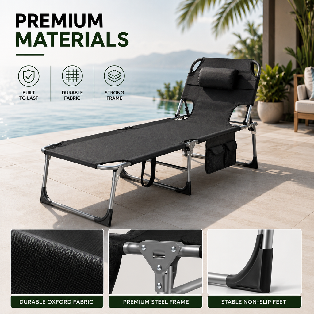 Portable Outdoor Tanning Lounge Chair with Face Opening, Adjustable Backrest & Carry Strap (Black)