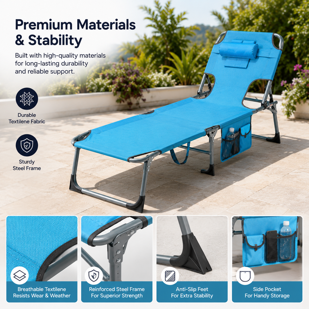 Portable Outdoor Tanning Lounge Chair with Face Opening, Adjustable Backrest & Carry Strap