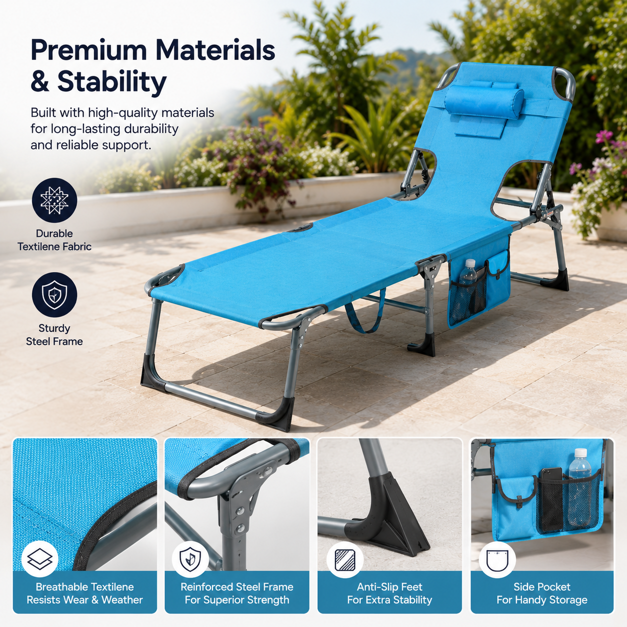 Portable Outdoor Tanning Lounge Chair with Face Opening, Adjustable Backrest & Carry Strap