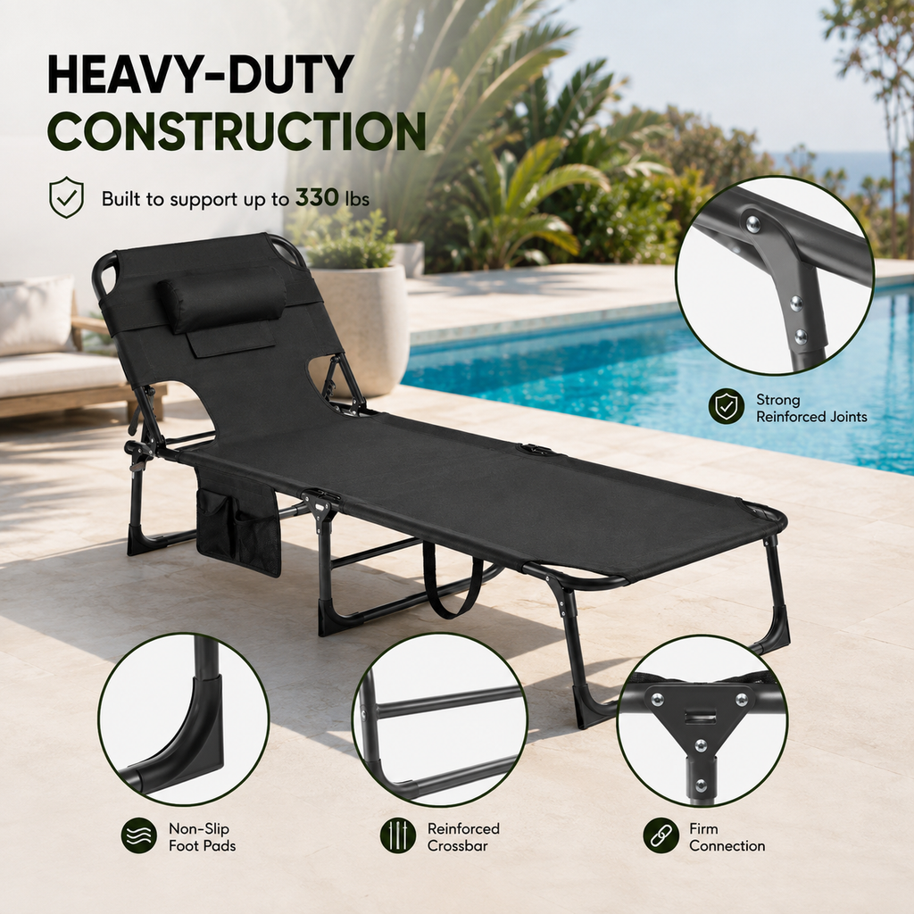 Portable Outdoor Tanning Lounge Chair with Face Opening, Adjustable Backrest & Carry Strap (Black)