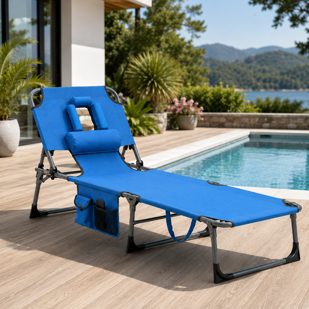 Portable Outdoor Tanning Lounge Chair with Face Opening, Adjustable Backrest & Carry Strap