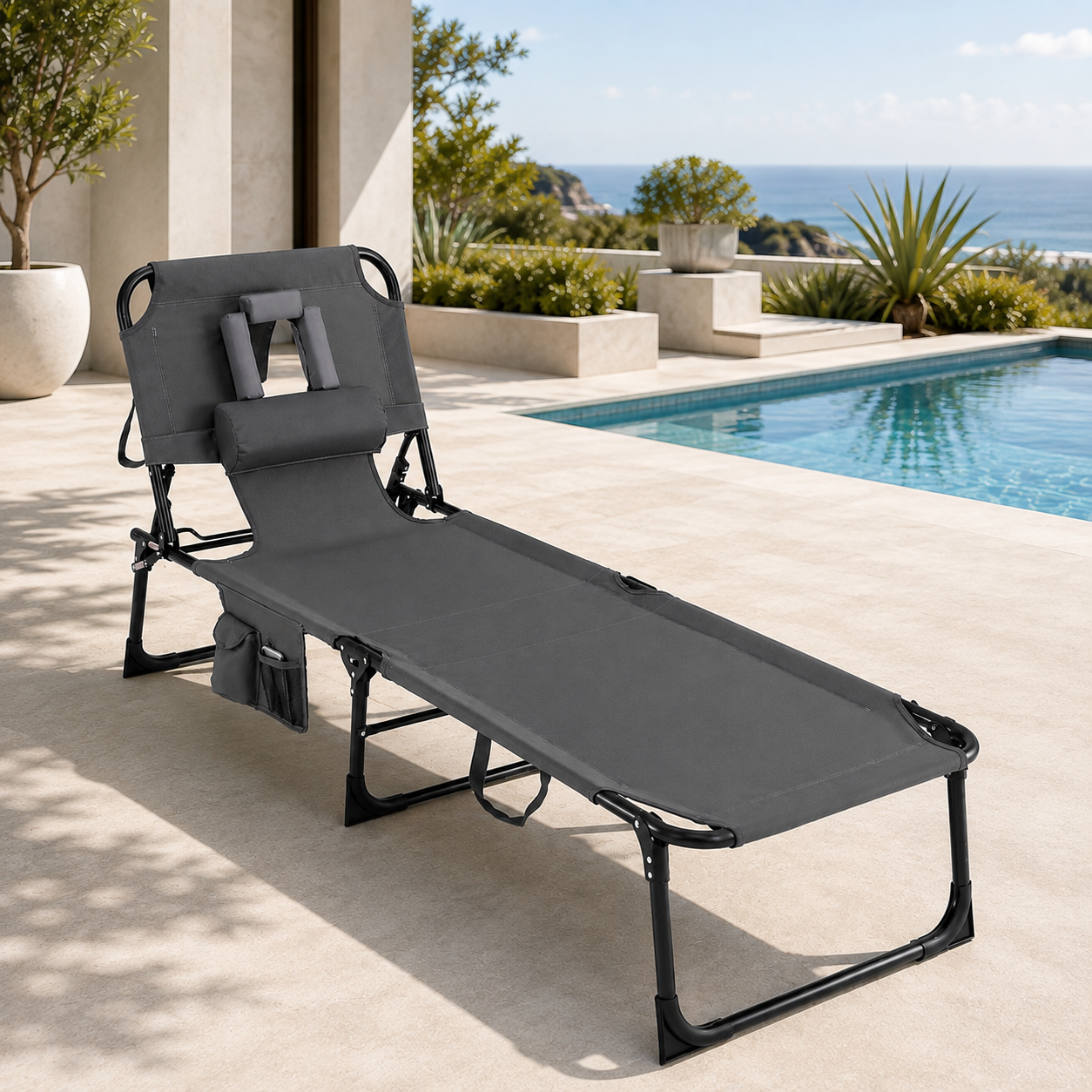 Portable Outdoor Tanning Lounge Chair with Face Opening, Adjustable Backrest & Carry Strap (Grey)