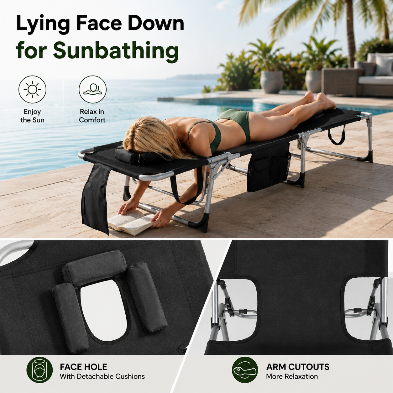 Portable Outdoor Tanning Lounge Chair with Face Opening, Adjustable Backrest & Carry Strap (Black)
