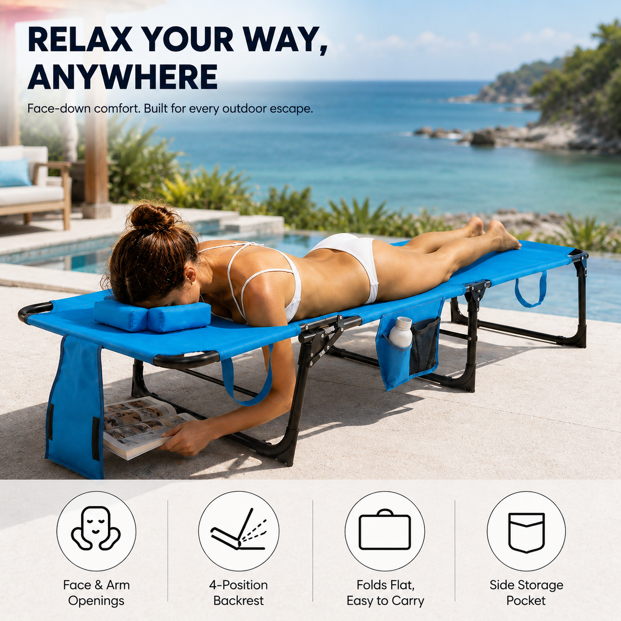 Portable Outdoor Tanning Lounge Chair with Face Opening, Adjustable Backrest & Carry Strap