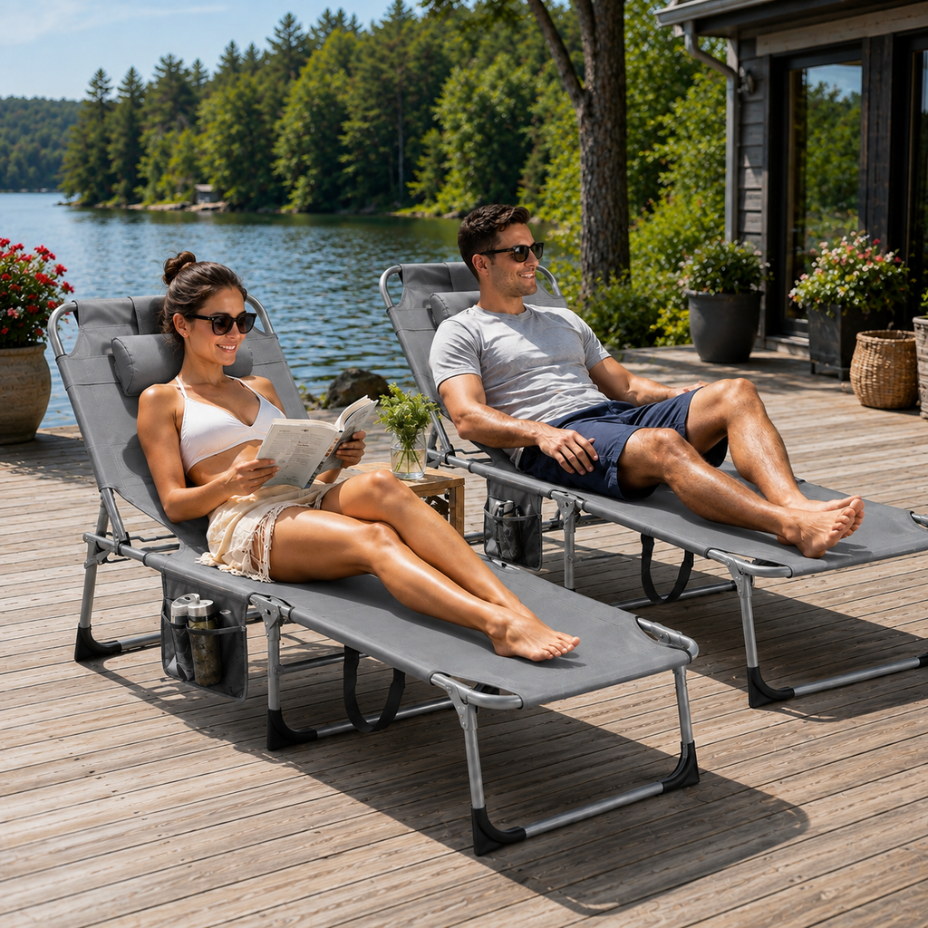 Portable Outdoor Tanning Lounge Chair with Face Opening, Adjustable Backrest & Carry Strap (Grey)