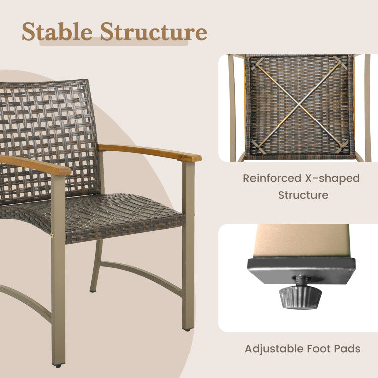 Set of 4 Patio Rattan Dining Chairs with Acacia Wood Armrests