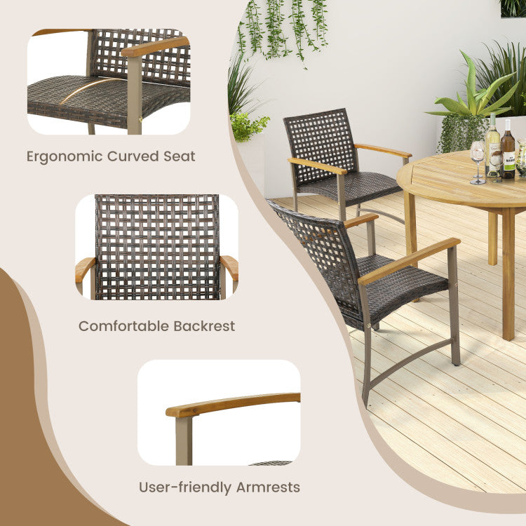Set of 4 Patio Rattan Dining Chairs with Acacia Wood Armrests