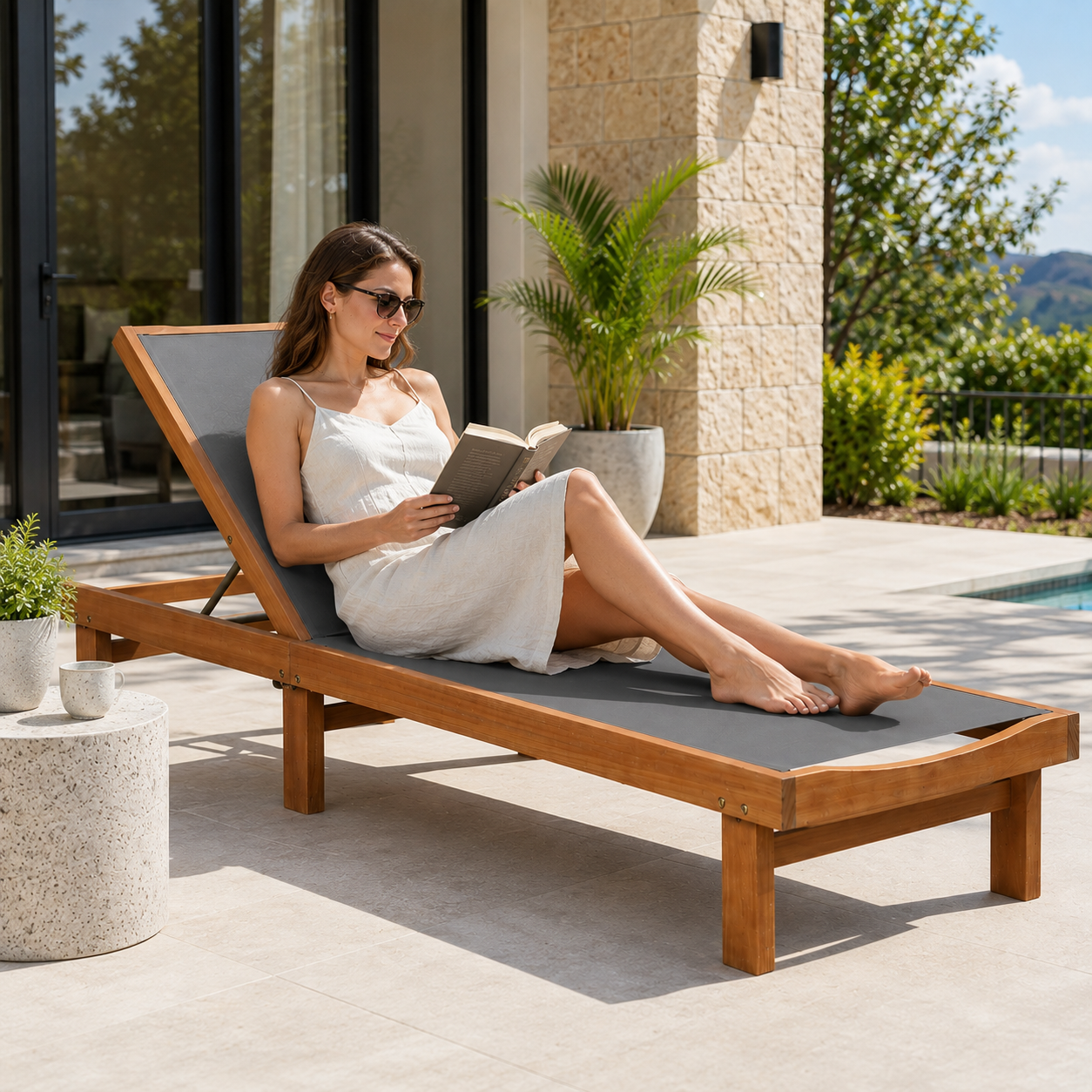 Wooden Outdoor Chaise Lounge Chair with 5-Position Reclining Backrest & Cushion