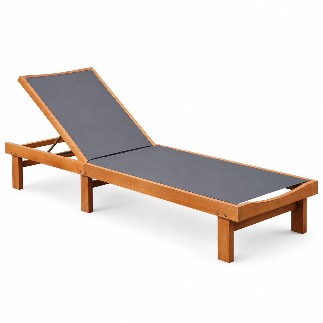 Wooden Outdoor Chaise Lounge Chair with 5-Position Reclining Backrest & Cushion