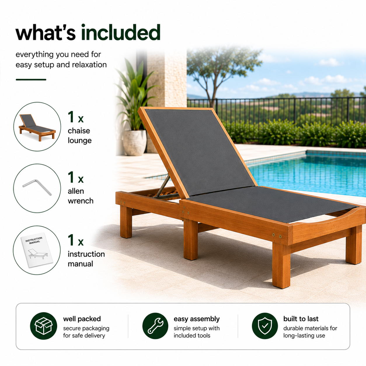 Wooden Outdoor Chaise Lounge Chair with 5-Position Reclining Backrest & Cushion