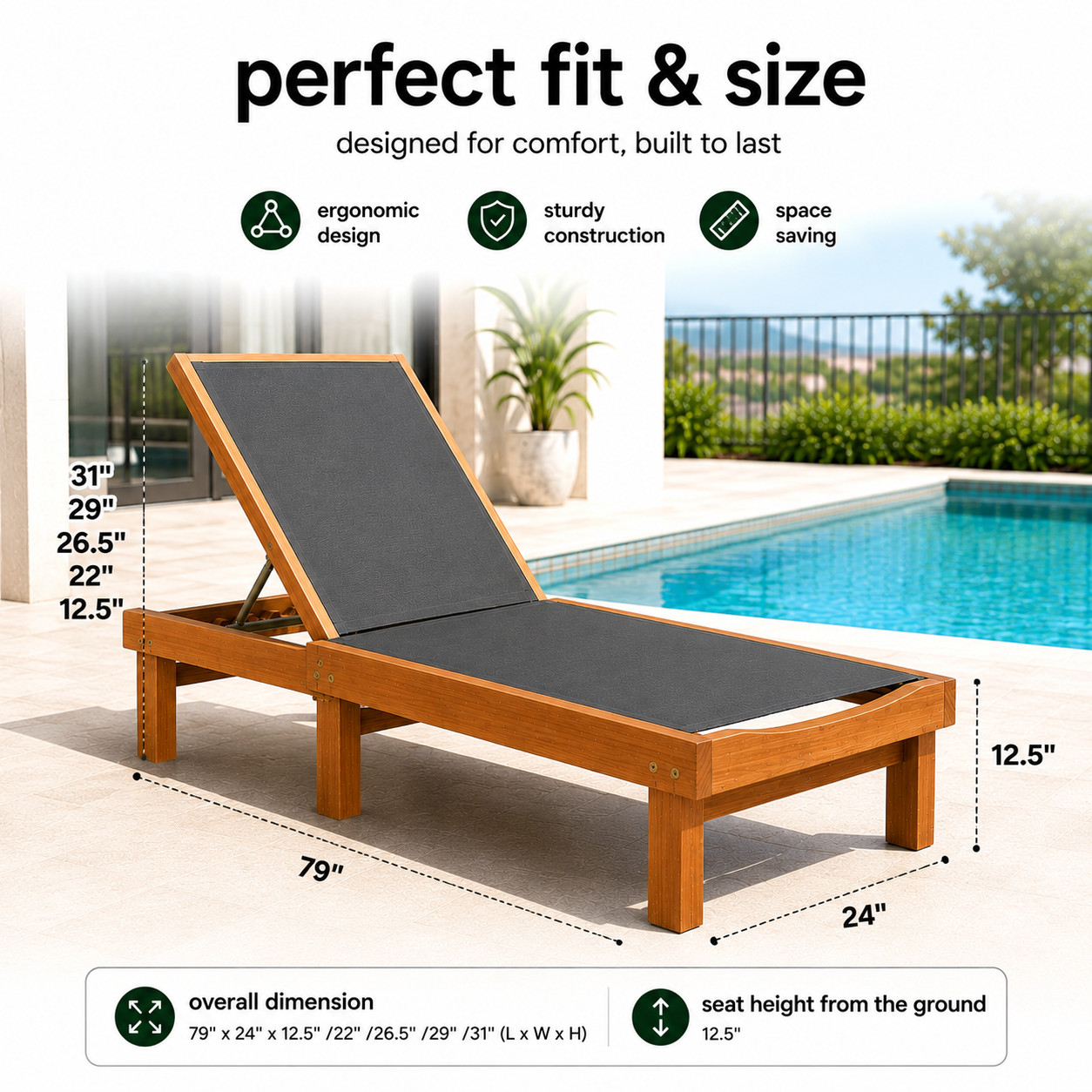 Wooden Outdoor Chaise Lounge Chair with 5-Position Reclining Backrest & Cushion