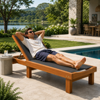 Wooden Outdoor Chaise Lounge Chair with 5-Position Reclining Backrest & Cushion