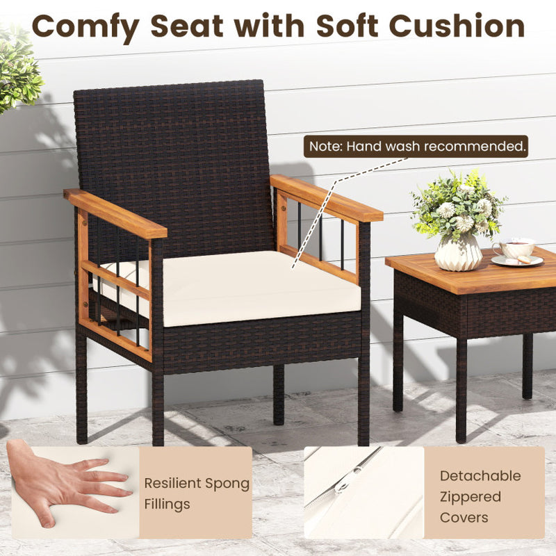 3 Piece Wicker Furniture Set with Acacia Wood Tabletop and Armrest for Balcony