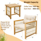 3 Pieces Patio PE Wicker Conversation Set with Acacia Wood Frame and Cushions