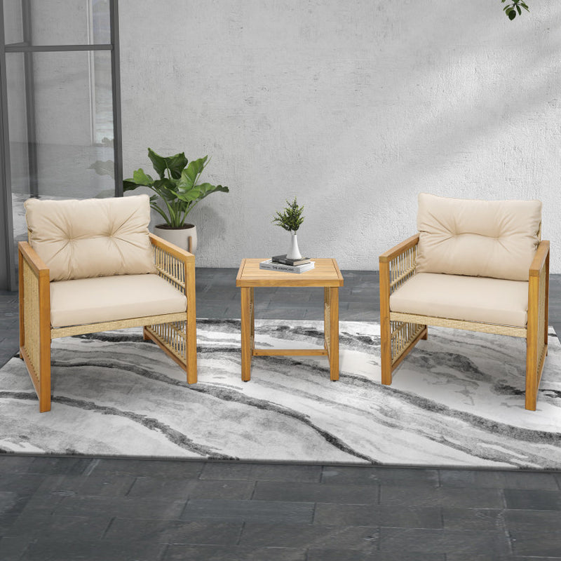 3 Pieces Patio PE Wicker Conversation Set with Acacia Wood Frame and Cushions