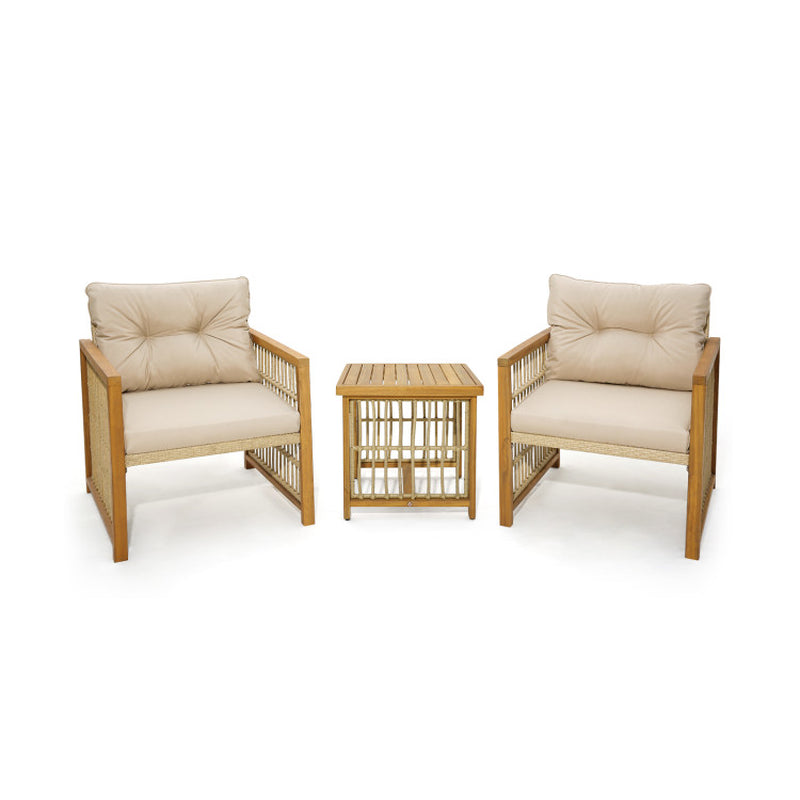 3 Pieces Patio PE Wicker Conversation Set with Acacia Wood Frame and Cushions