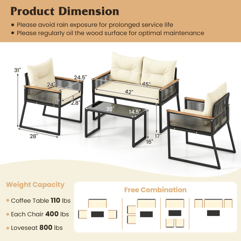 4 Pieces Patio Furniture Set Outdoor Conversation Set with Tempered Glass Coffee Table