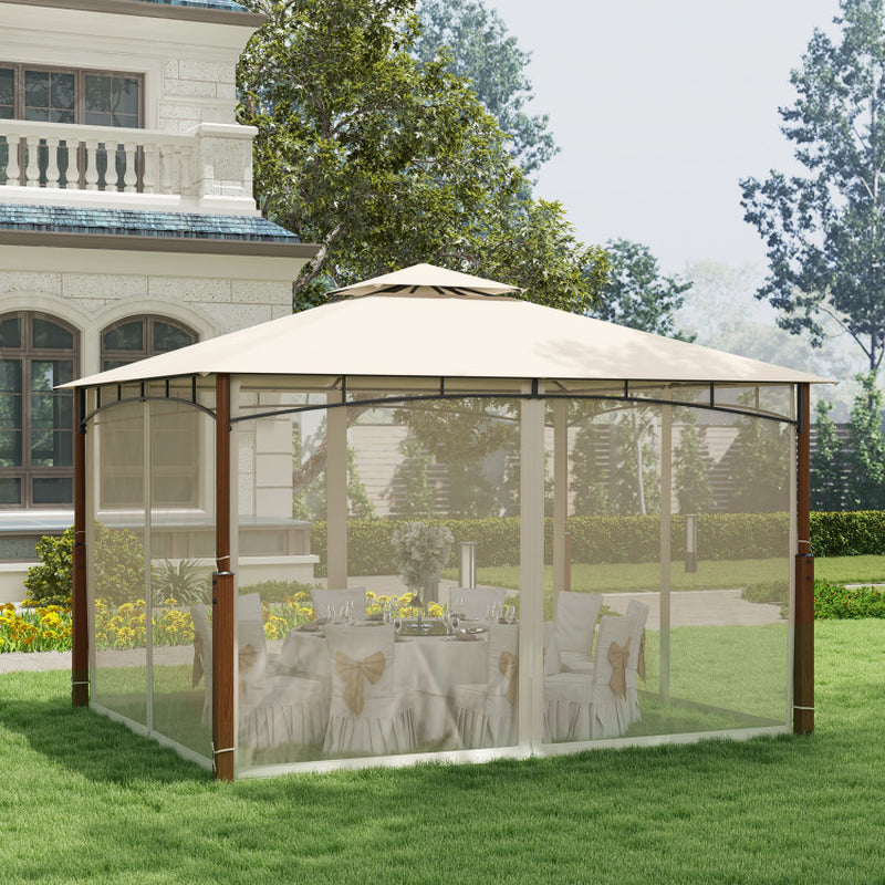 12 X 10 Feet Outdoor Patio Gazebo with Netting and 2-Tier Canopy Roof