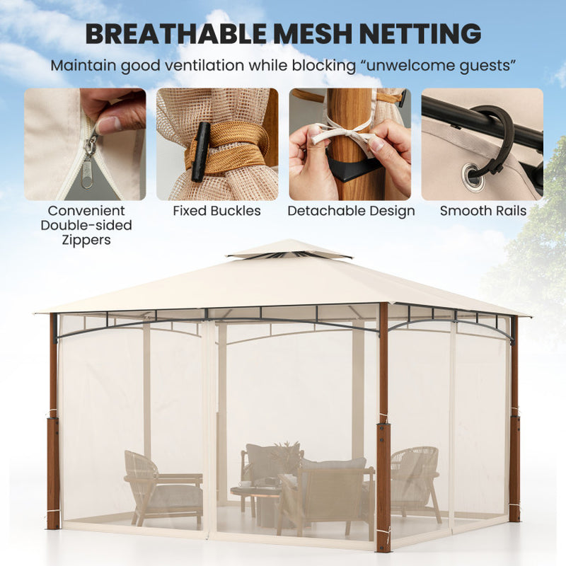 12 X 10 Feet Outdoor Patio Gazebo with Netting and 2-Tier Canopy Roof