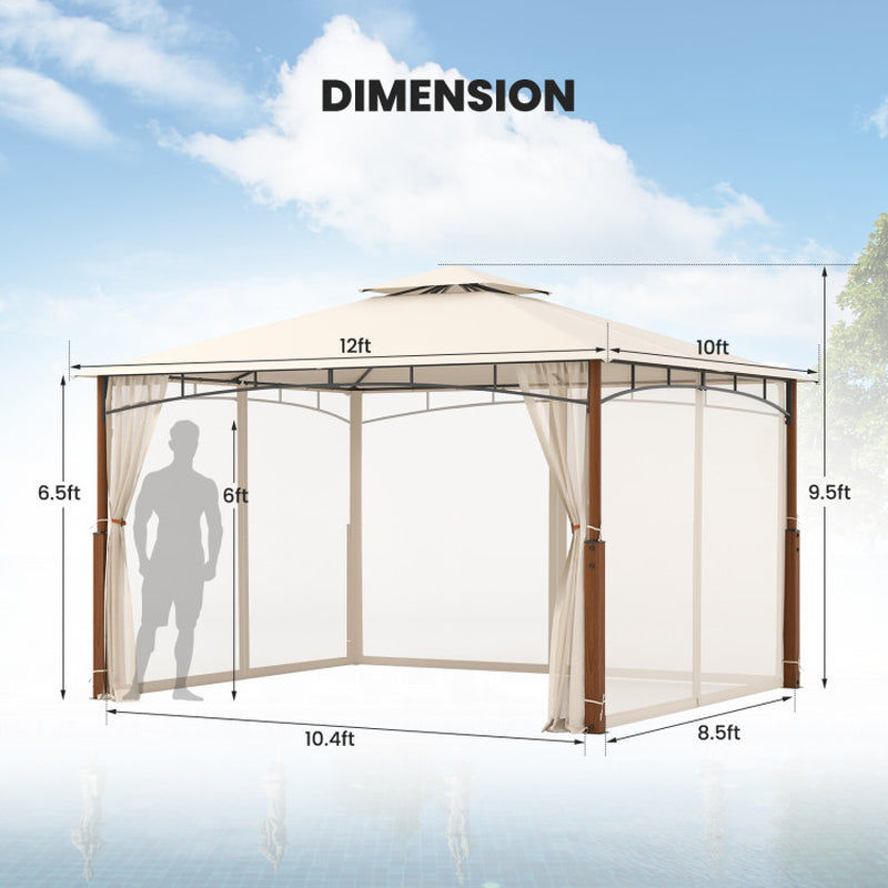 12 X 10 Feet Outdoor Patio Gazebo with Netting and 2-Tier Canopy Roof