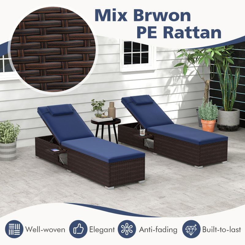 PE Rattan Chaise Lounge Set of 2 with 6-Position Adjustable Backrest and Foldable Side Table