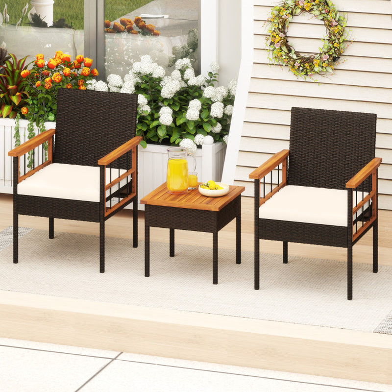 3 Piece Wicker Furniture Set with Acacia Wood Tabletop and Armrest for Balcony