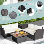 7 Pieces Wicker Outdoor Furniture Set with Acacia Wood Coffee Table and Ottoman
