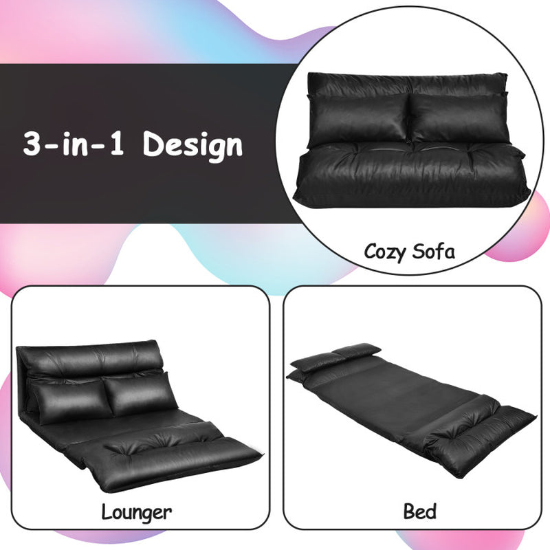 Foldable PU Leather Leisure Floor Sofa Bed with 2 Pillows