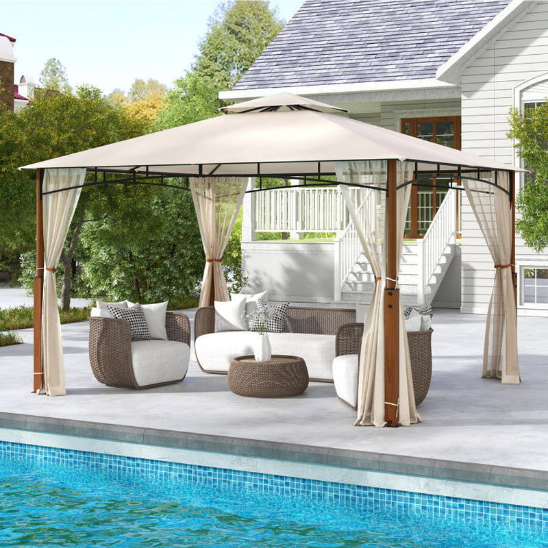 12 X 10 Feet Outdoor Patio Gazebo with Netting and 2-Tier Canopy Roof