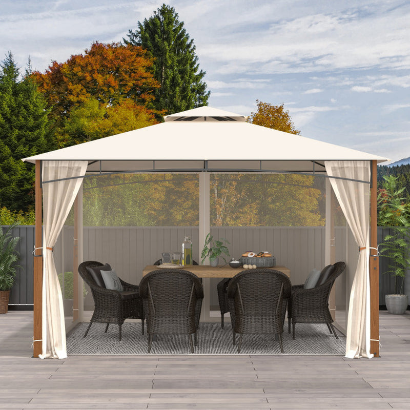 12 X 10 Feet Outdoor Patio Gazebo with Netting and 2-Tier Canopy Roof