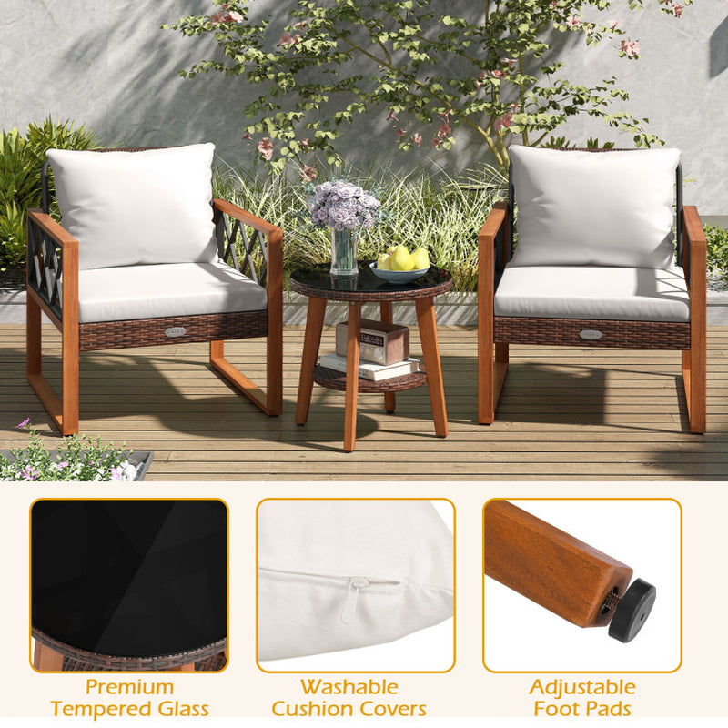 3 Pieces Patio Furniture Set with Tempered Glass Top Table and Soft Cushions