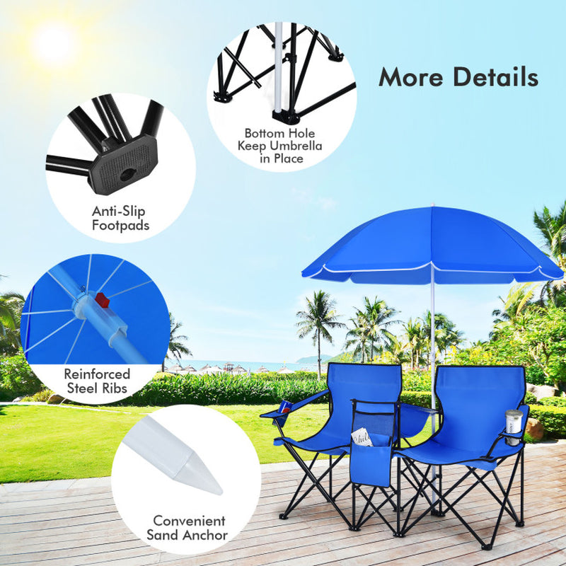 Portable Folding Picnic Double Chair with Removable Umbrella