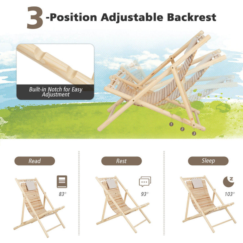 Solid Fir Wood Lounge Chair with 3-Level Adjustable Backrest and Soft Padded Headrest